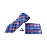 Mens Blue & Pink Checkered Matching Neck Tie, Pocket Square, Cuff Links And Tie Clip Set