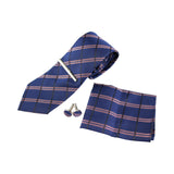 Mens Navy, Black & Red Checkered Matching Neck Tie, Pocket Square, Cuff Links And Tie Clip Set