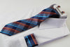 Mens Blue & Orange Checkered Matching Neck Tie, Pocket Square, Cuff Links And Tie Clip Set