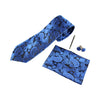 Mens Blue & Black Boho Paisley Matching Neck Tie, Pocket Square, Cuff Links And Tie Clip Set