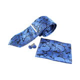 Mens Blue & Black Boho Paisley Matching Neck Tie, Pocket Square, Cuff Links And Tie Clip Set