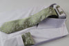 Mens Olive & Silver Boho Paisley Matching Neck Tie, Pocket Square, Cuff Links And Tie Clip Set