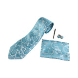 Mens Turquoise & Silver Boho Paisley Matching Neck Tie, Pocket Square, Cuff Links And Tie Clip Set