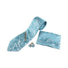 Mens Turquoise & Silver Boho Paisley Matching Neck Tie, Pocket Square, Cuff Links And Tie Clip Set