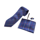 Mens Navy & Maroon Checkered Matching Neck Tie, Pocket Square, Cuff Links And Tie Clip Set