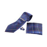 Mens Navy & Maroon Checkered Matching Neck Tie, Pocket Square, Cuff Links And Tie Clip Set