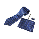 Mens Navy, Black & Silver Diamond Matching Neck Tie, Pocket Square, Cuff Links And Tie Clip Set