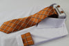 Mens Orange & White Checkered Matching Neck Tie, Pocket Square, Cuff Links And Tie Clip Set
