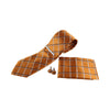 Mens Orange & White Checkered Matching Neck Tie, Pocket Square, Cuff Links And Tie Clip Set