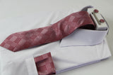 Mens Red And White Houndstooth Checkered Matching Neck Tie, Pocket Square, Cuff Links And Tie Clip Set