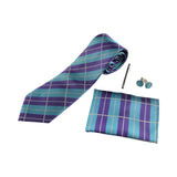 Mens Turquoise & Purple Checkered Matching Neck Tie, Pocket Square, Cuff Links And Tie Clip Set