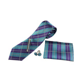 Mens Turquoise & Purple Checkered Matching Neck Tie, Pocket Square, Cuff Links And Tie Clip Set