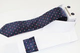 Mens Navy With Red & White Floral Matching Neck Tie, Pocket Square, Cuff Links And Tie Clip Set