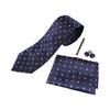 Mens Navy With Red & White Floral Matching Neck Tie, Pocket Square, Cuff Links And Tie Clip Set