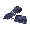 Mens Navy With Red & White Floral Matching Neck Tie, Pocket Square, Cuff Links And Tie Clip Set