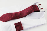 Mens Red Dotted And Floral Matching Neck Tie, Pocket Square, Cuff Links And Tie Clip Set