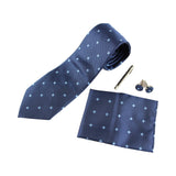 Mens Blue Dotted And Floral Matching Neck Tie, Pocket Square, Cuff Links And Tie Clip Set