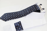 Mens Navy With Orange & White Floral Matching Neck Tie, Pocket Square, Cuff Links And Tie Clip Set