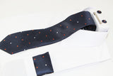 Mens Textured Navy Orange And White Polka Dot Matching Neck Tie, Pocket Square, Cuff Links And Tie Clip Set