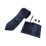 Mens Textured Navy Orange And White Polka Dot Matching Neck Tie, Pocket Square, Cuff Links And Tie Clip Set