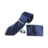 Mens Navy With White Polka Dot Matching Neck Tie, Pocket Square, Cuff Links And Tie Clip Set