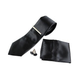 Mens Black Matching Neck Tie, Pocket Square, Cuff Links And Tie Clip Set