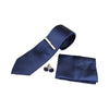 Mens Navy Plain Striped Matching Neck Tie, Pocket Square, Cuff Links And Tie Clip Set