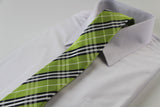 Mens Lime Green, Black & White Plaid Striped Patterned 8cm Neck Tie