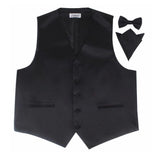 Mens Black Plain Vest Waistcoat & Matching Bow Tie & Pocket Square