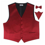 Mens Dark Red Plain Vest Waistcoat & Matching Bow Tie & Pocket Square